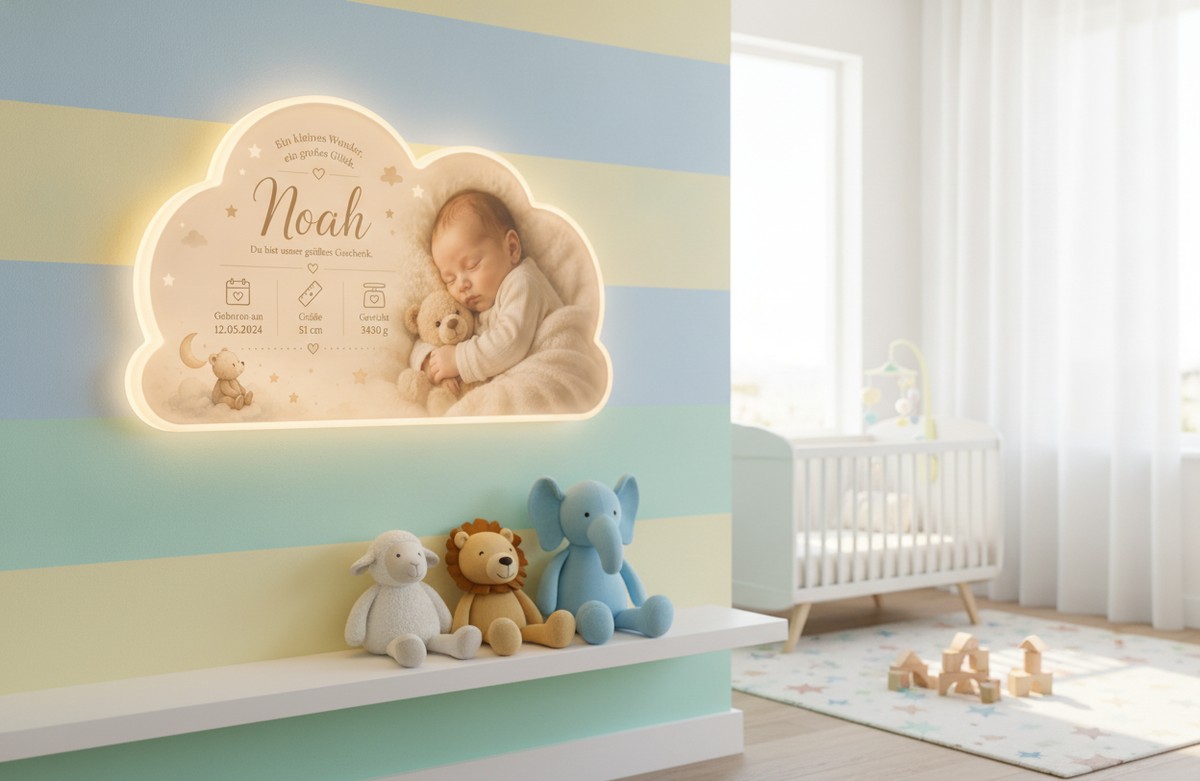 Geschenk zur Geburt mit Foto: eine Lampe mit dem ersten Babyfoto